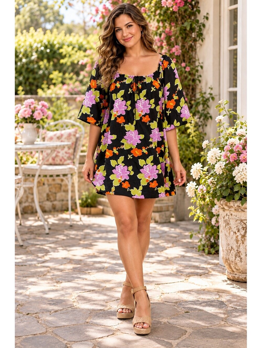 NWT Easel Shift Dress Womens Large Floral Smocked Neckline Bloomcore Spring